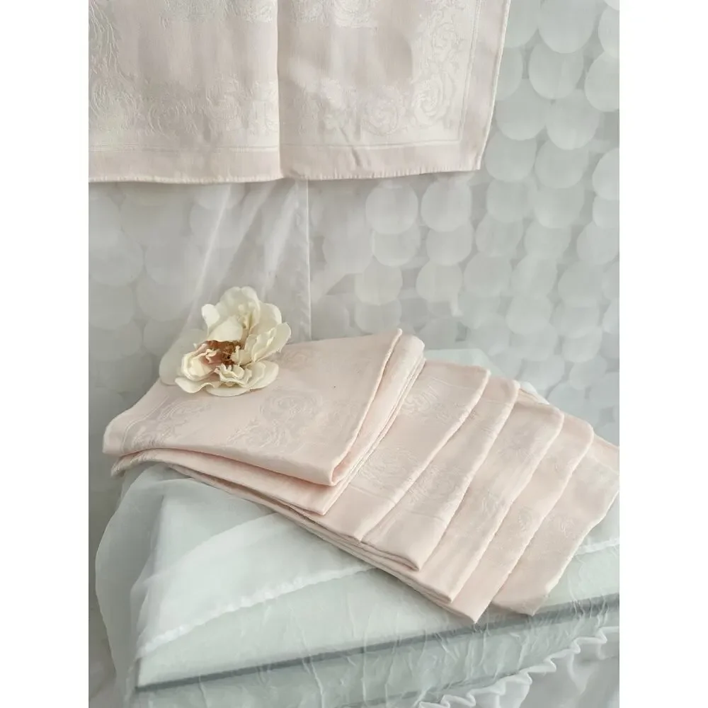 Vintage MCM Double Damask Pale Pink Napkins Chrysanthemums Floral Set Of 8
